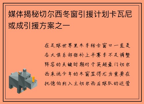媒体揭秘切尔西冬窗引援计划卡瓦尼或成引援方案之一